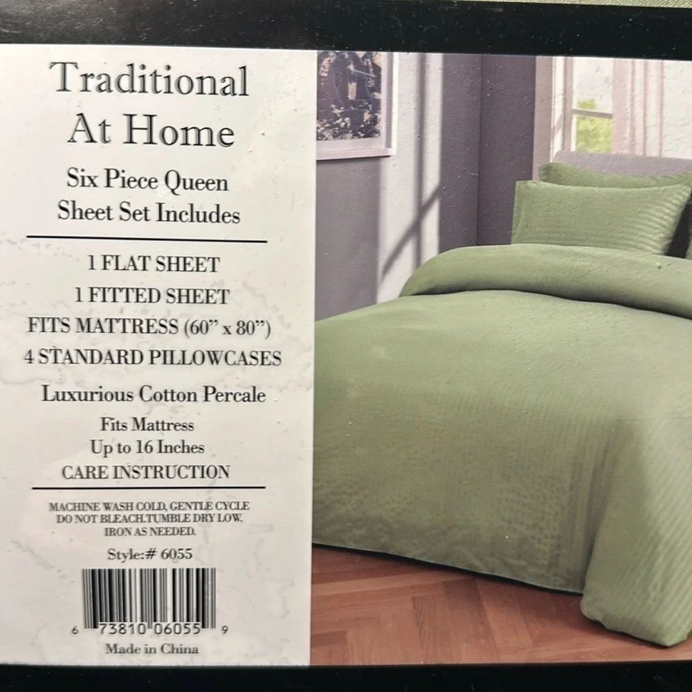 Transitional at Home 6pcQueen Sheet Set green apple embossed stripes